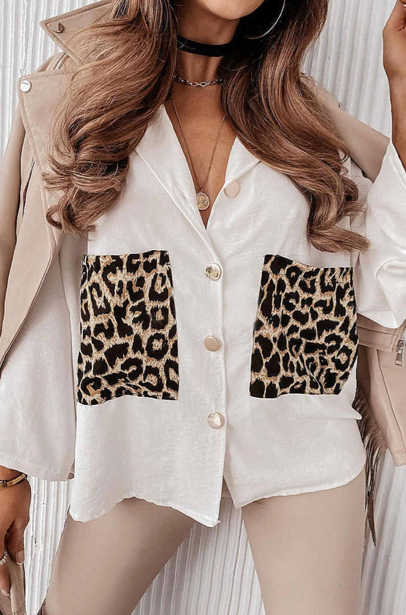 White Leopard Patch Pocket Oversized Blouse