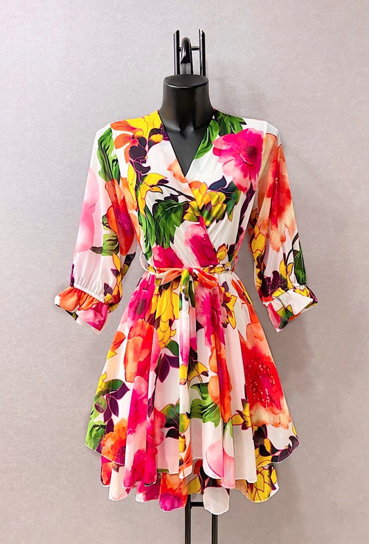 "Lola" Multi Coloured Romantic Floral Dress With Crossover Top